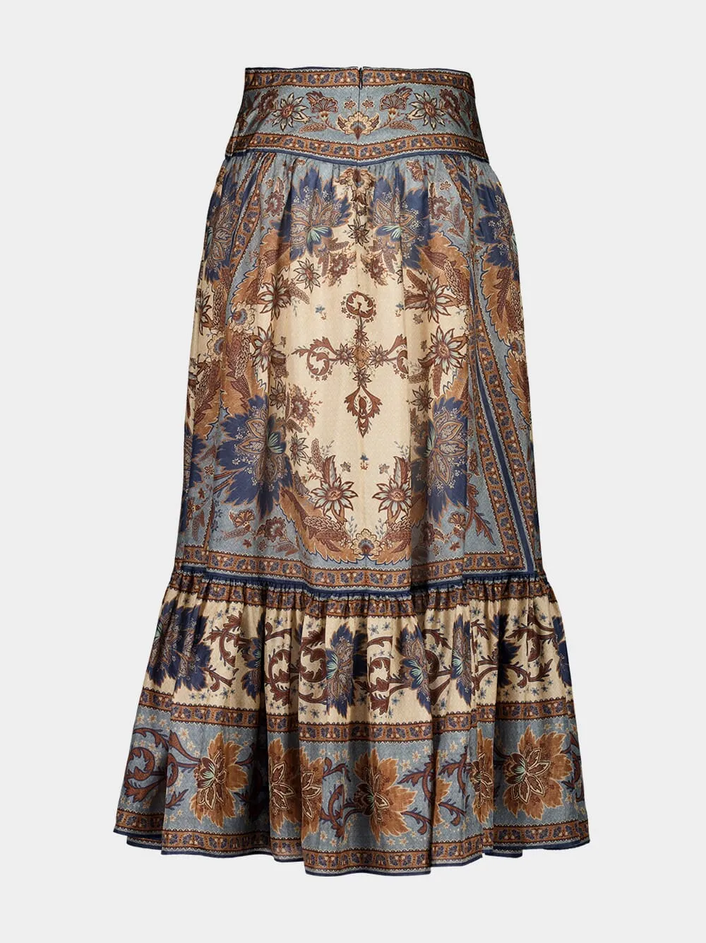 Ascension Blue Cream Indienne Floral Silk Midi Skirt