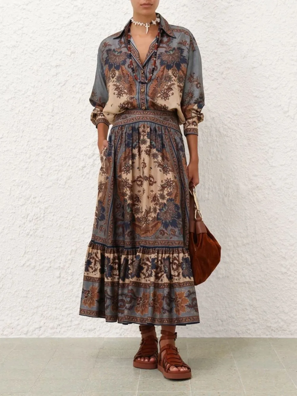 Ascension Blue Cream Indienne Floral Silk Midi Skirt