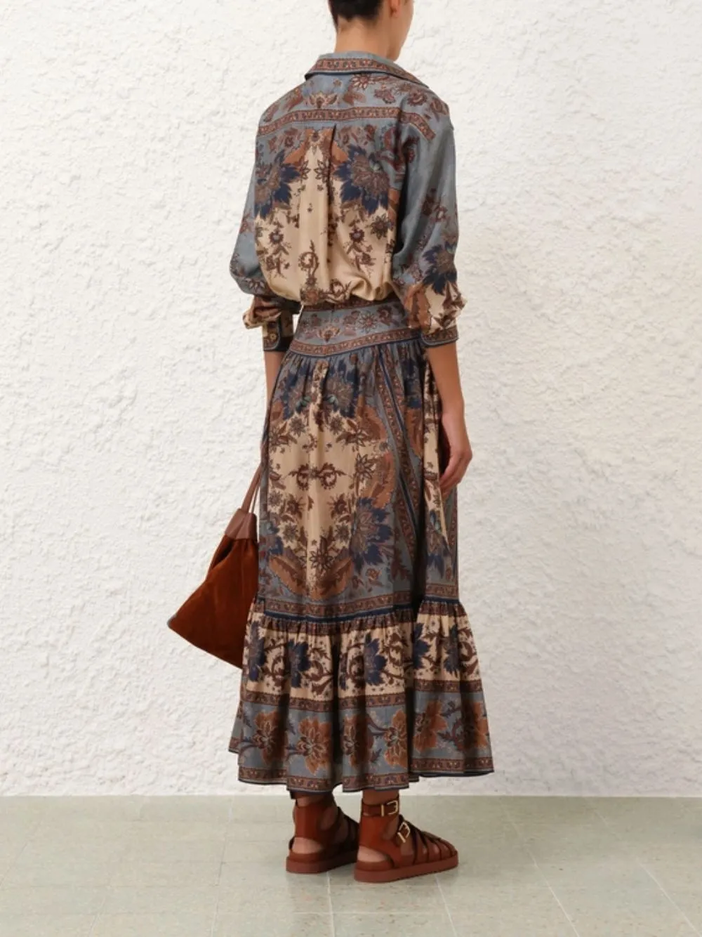 Ascension Blue Cream Indienne Floral Silk Midi Skirt