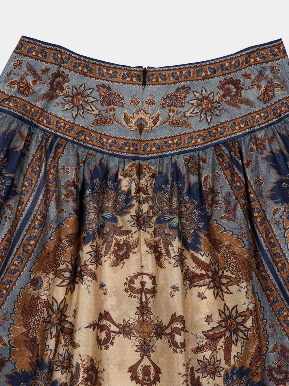 Ascension Blue Cream Indienne Floral Silk Midi Skirt
