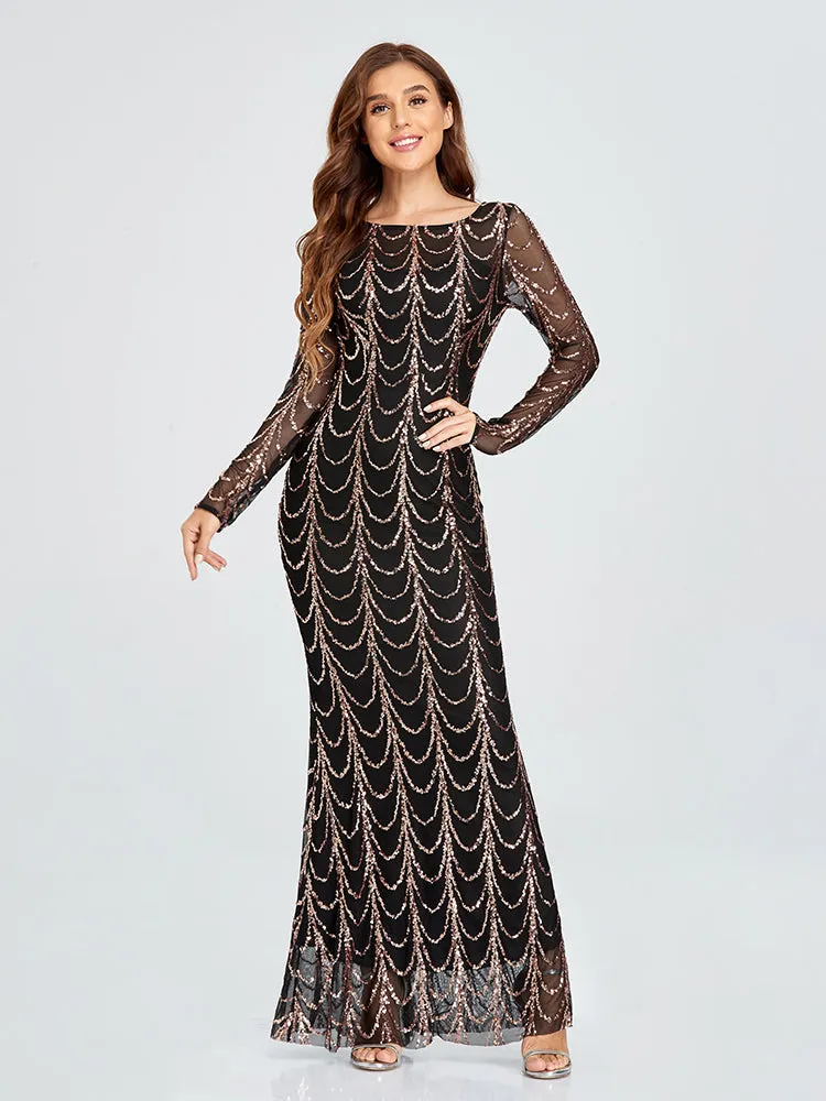 Autumn Winter O-Neck Wave Sequins Women Maxi Party Dresses