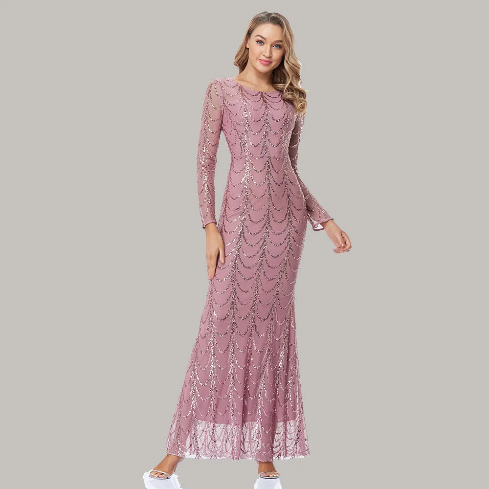 Autumn Winter O-Neck Wave Sequins Women Maxi Party Dresses