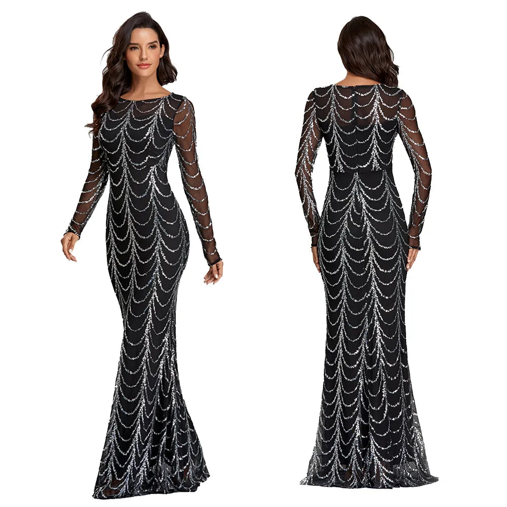 Autumn Winter O-Neck Wave Sequins Women Maxi Party Dresses