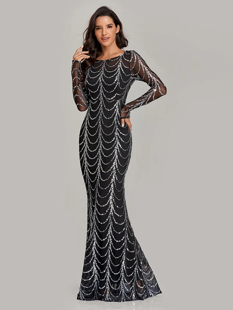 Autumn Winter O-Neck Wave Sequins Women Maxi Party Dresses