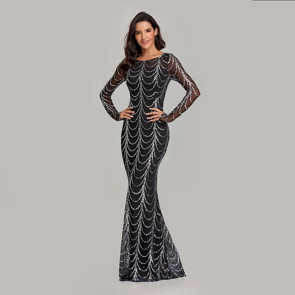 Autumn Winter O-Neck Wave Sequins Women Maxi Party Dresses