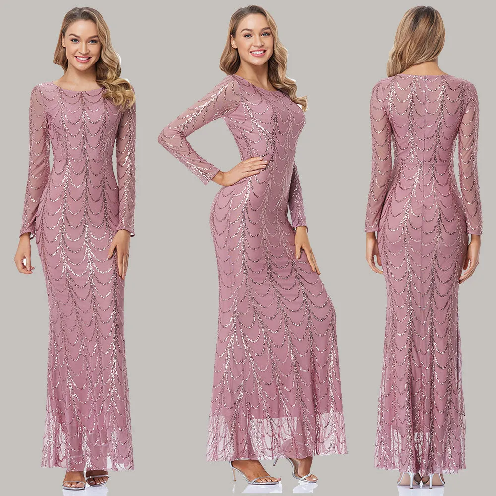Autumn Winter O-Neck Wave Sequins Women Maxi Party Dresses