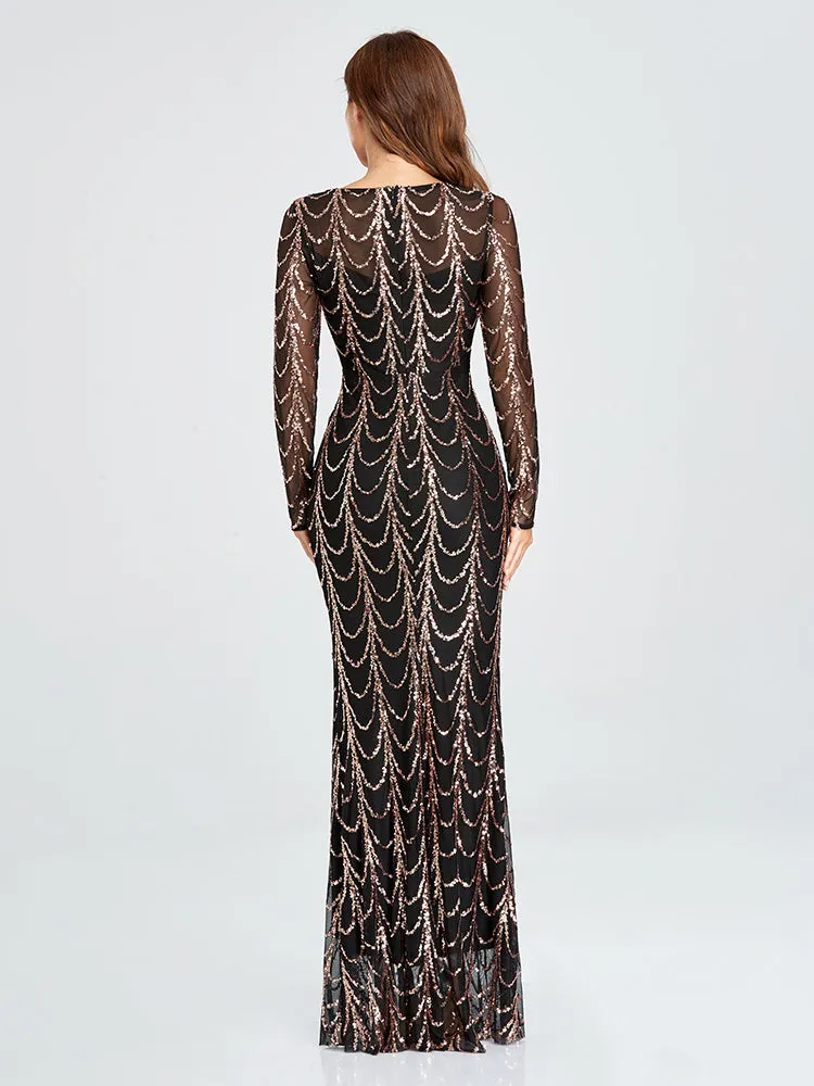 Autumn Winter O-Neck Wave Sequins Women Maxi Party Dresses