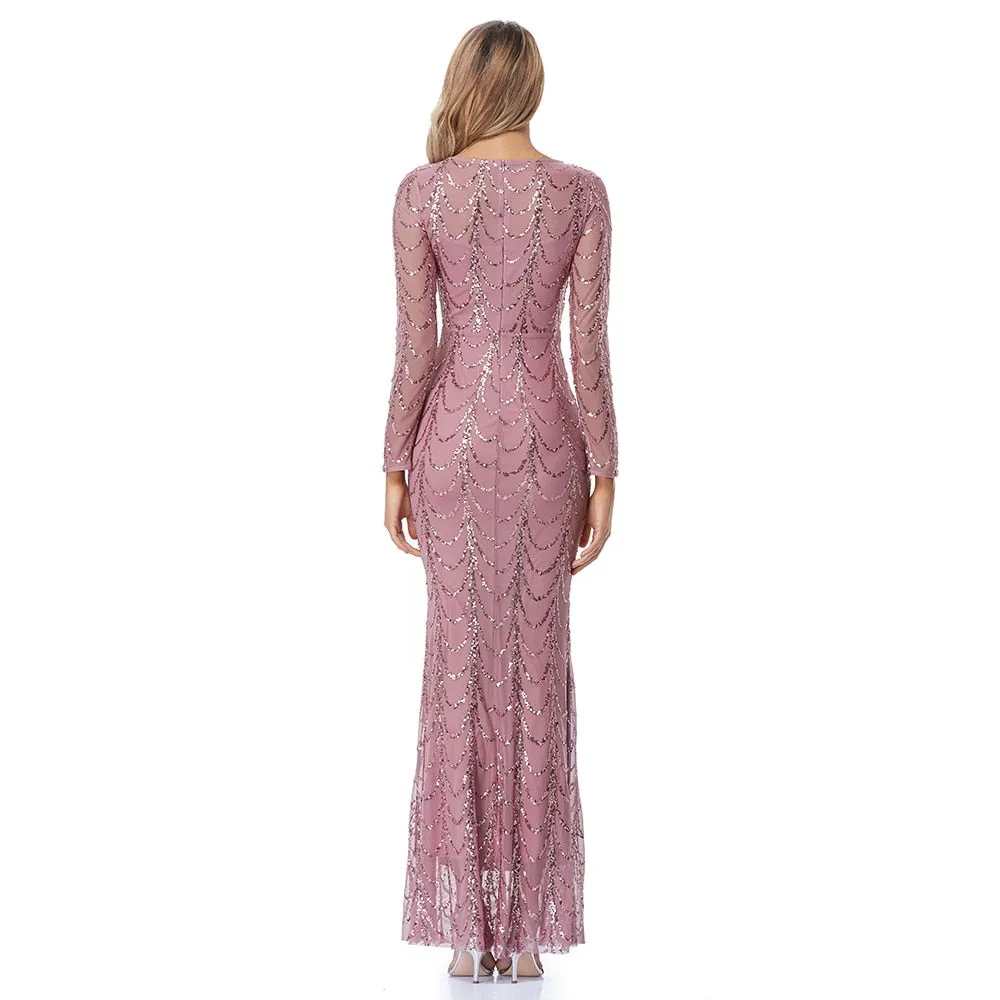 Autumn Winter O-Neck Wave Sequins Women Maxi Party Dresses