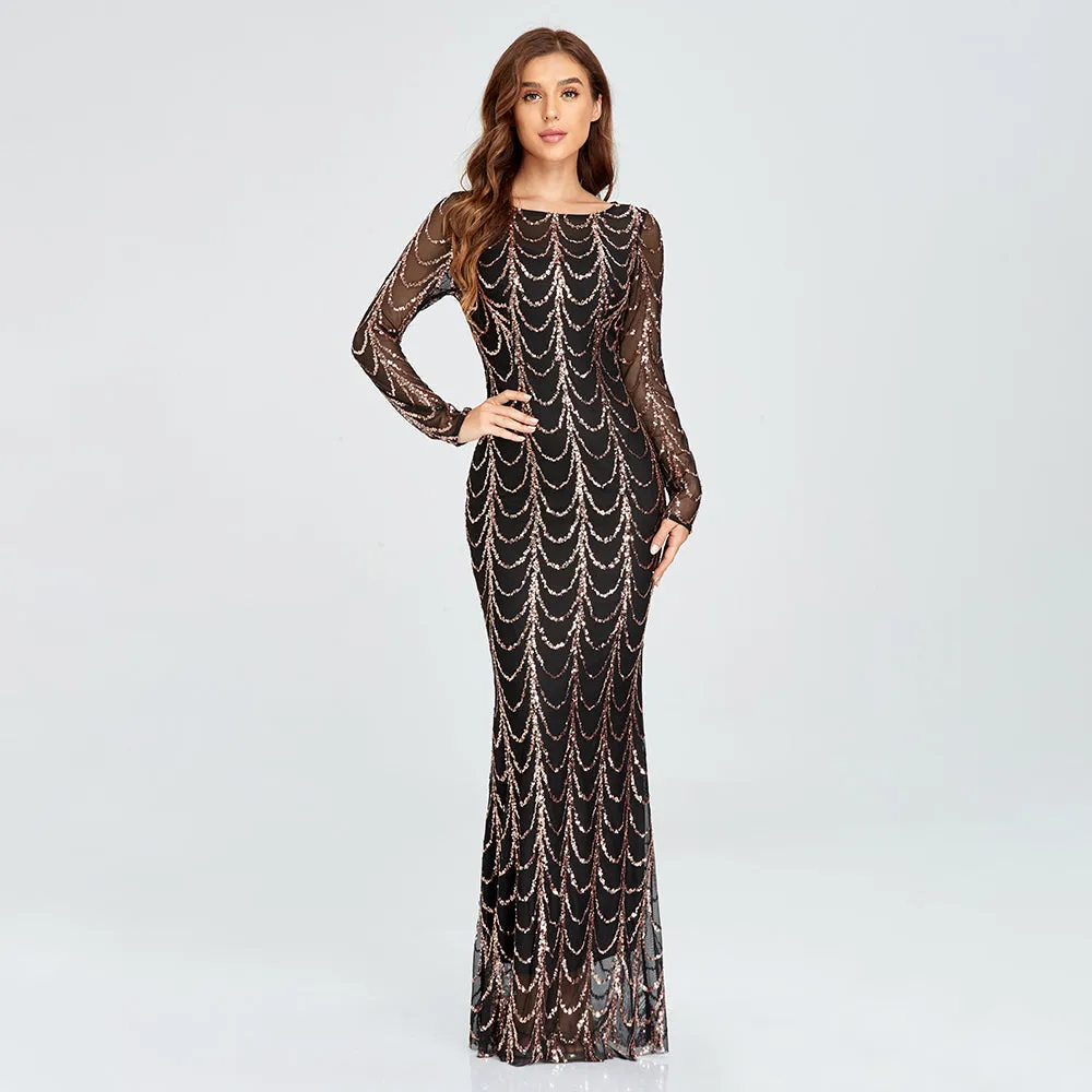 Autumn Winter O-Neck Wave Sequins Women Maxi Party Dresses