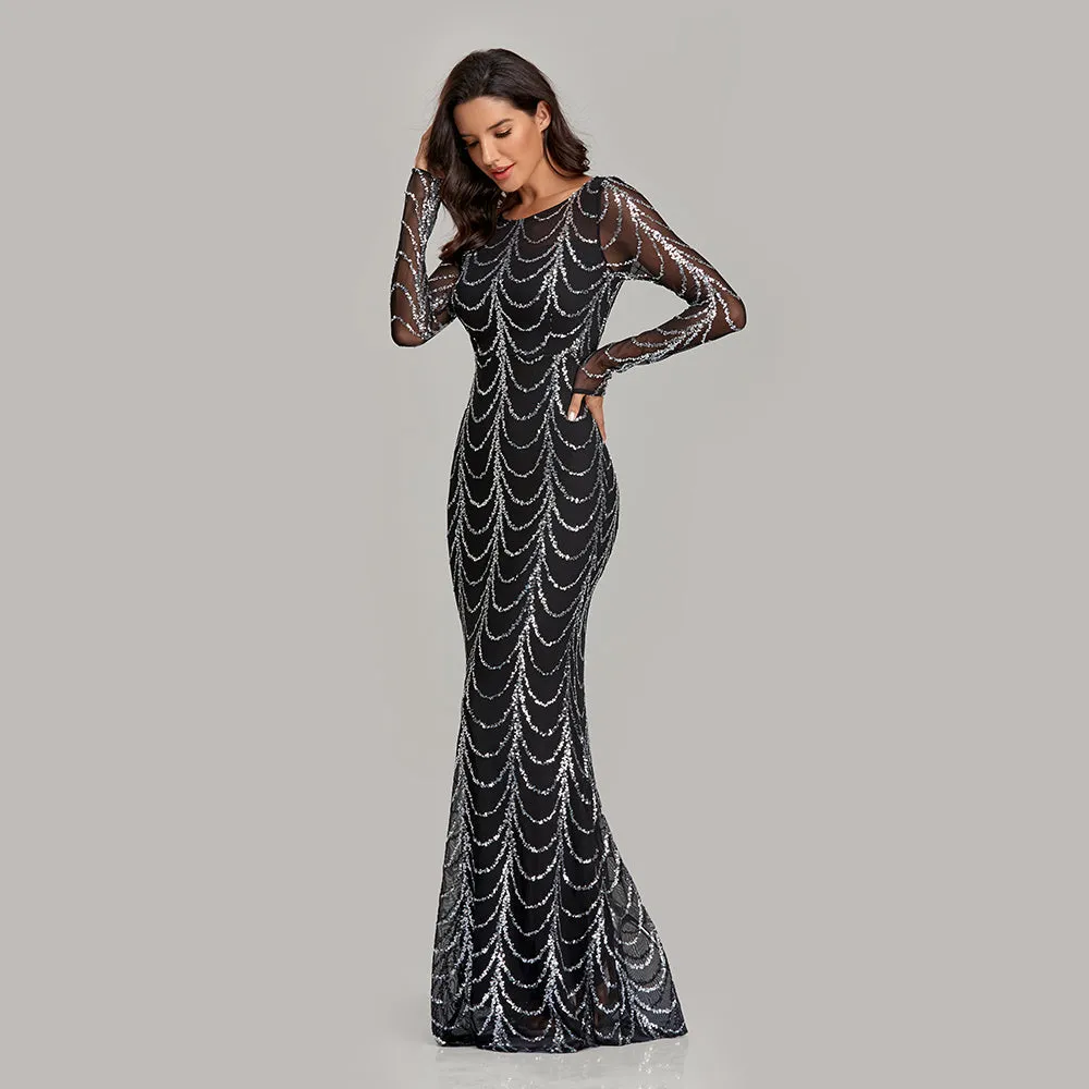 Autumn Winter O-Neck Wave Sequins Women Maxi Party Dresses