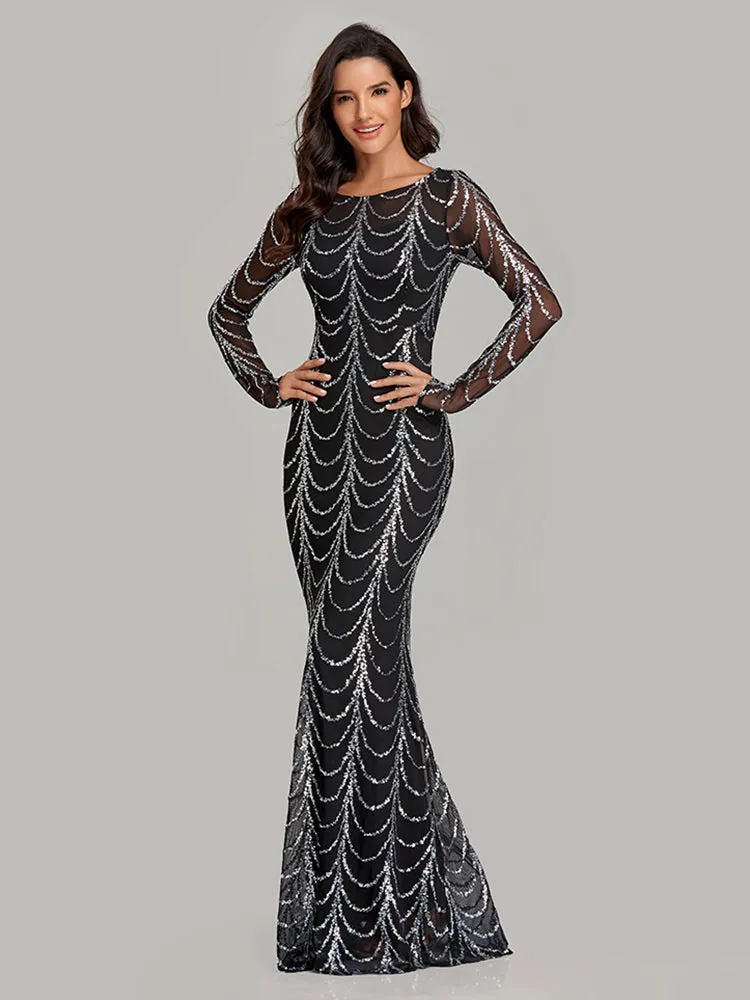 Autumn Winter O-Neck Wave Sequins Women Maxi Party Dresses