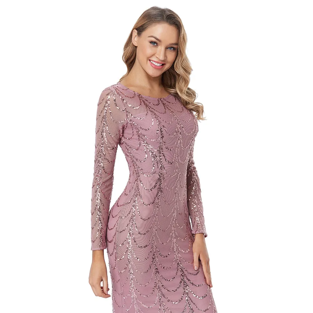 Autumn Winter O-Neck Wave Sequins Women Maxi Party Dresses