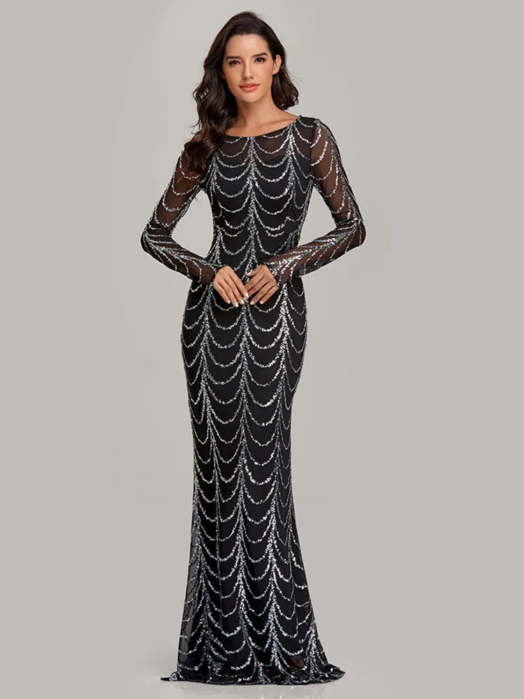 Autumn Winter O-Neck Wave Sequins Women Maxi Party Dresses