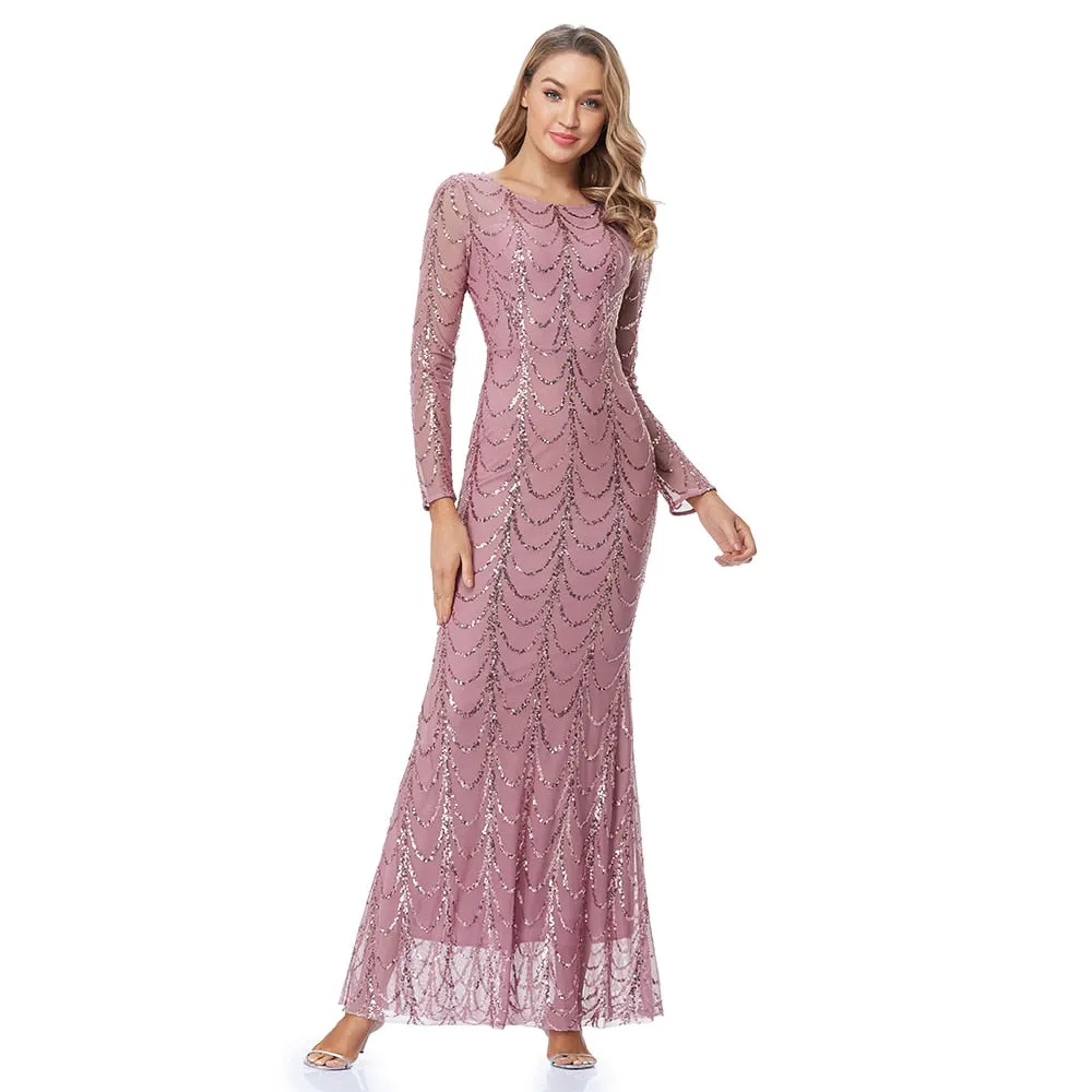 Autumn Winter O-Neck Wave Sequins Women Maxi Party Dresses