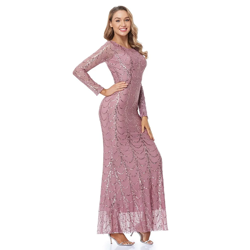 Autumn Winter O-Neck Wave Sequins Women Maxi Party Dresses