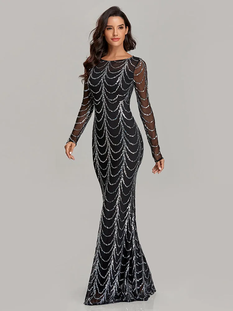 Autumn Winter O-Neck Wave Sequins Women Maxi Party Dresses
