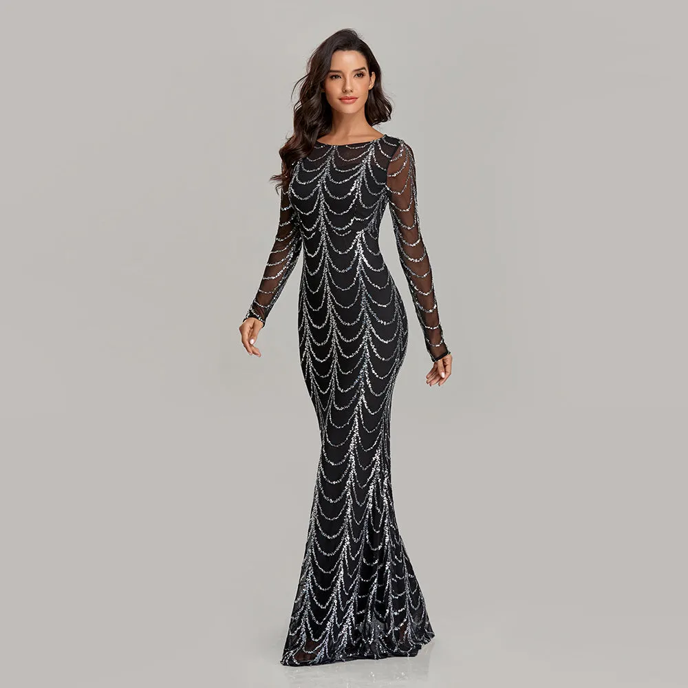 Autumn Winter O-Neck Wave Sequins Women Maxi Party Dresses