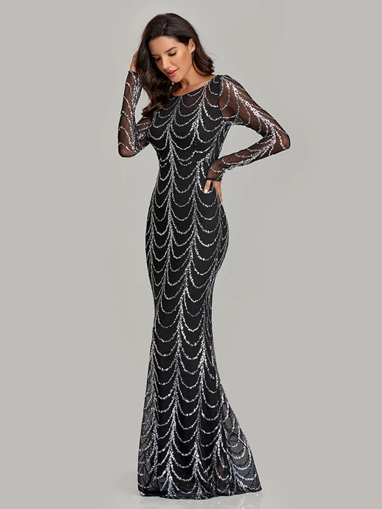 Autumn Winter O-Neck Wave Sequins Women Maxi Party Dresses