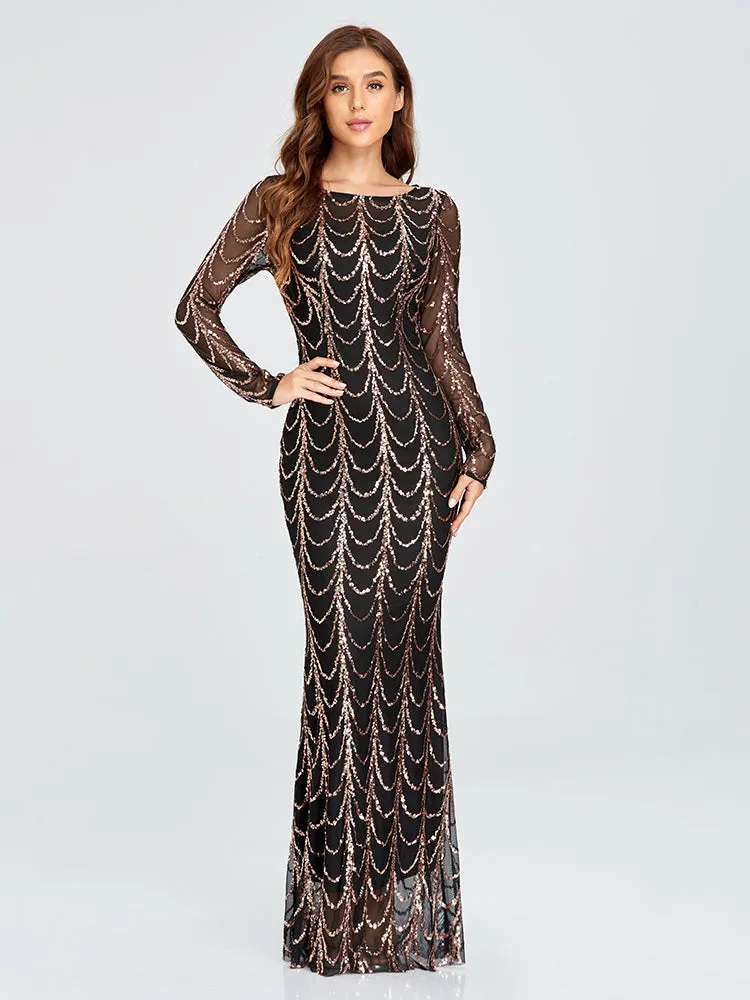 Autumn Winter O-Neck Wave Sequins Women Maxi Party Dresses
