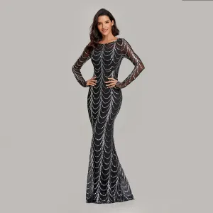 Autumn Winter O-Neck Wave Sequins Women Maxi Party Dresses