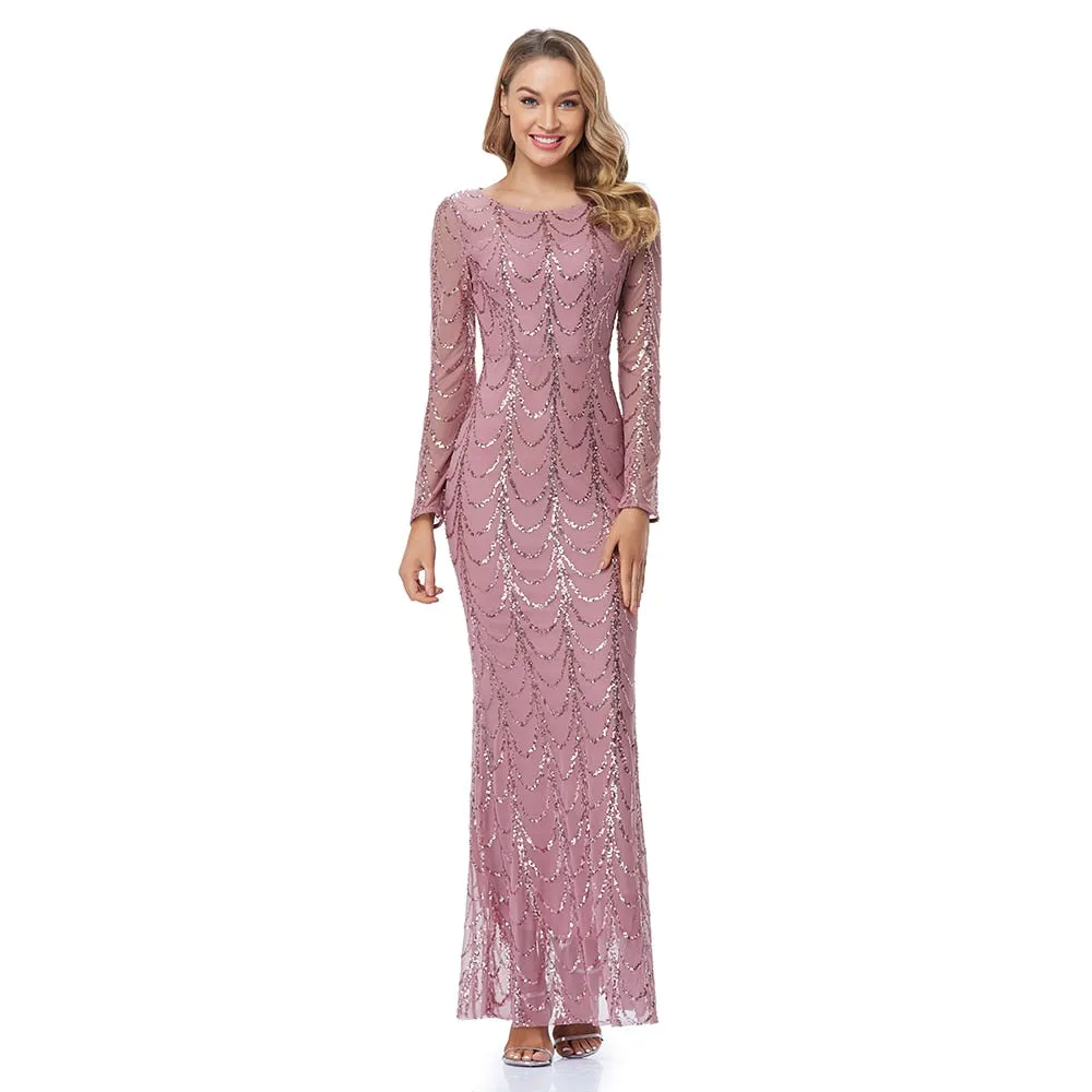 Autumn Winter O-Neck Wave Sequins Women Maxi Party Dresses