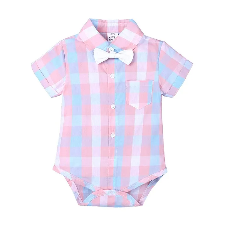 Baby Boy Suit Dress Plaid Shirt Bow Tie Short-Sleeved Jumpsuit Straps Shorts