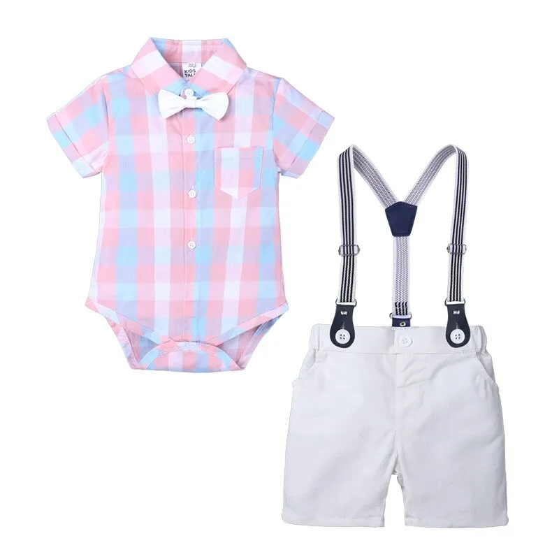 Baby Boy Suit Dress Plaid Shirt Bow Tie Short-Sleeved Jumpsuit Straps Shorts