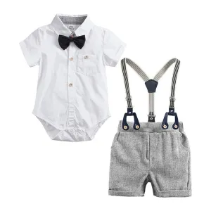 Baby Boy Suit Dress Plaid Shirt Bow Tie Short-Sleeved Jumpsuit Straps Shorts