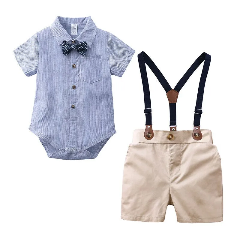 Baby Boy Suit Dress Plaid Shirt Bow Tie Short-Sleeved Jumpsuit Straps Shorts
