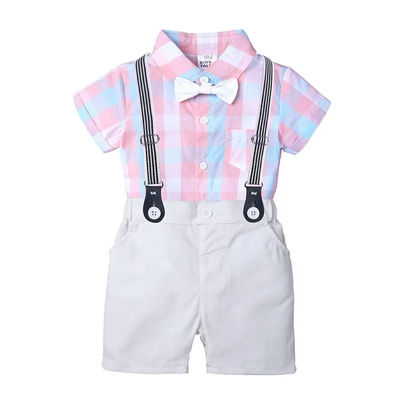 Baby Boy Suit Dress Plaid Shirt Bow Tie Short-Sleeved Jumpsuit Straps Shorts