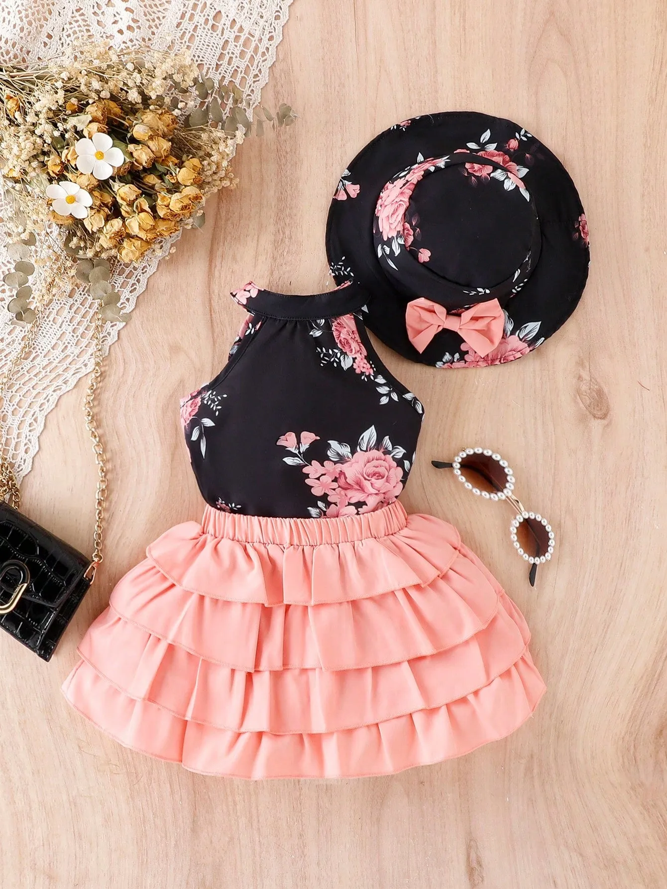 Baby Girl Floral Print Halter Top & Layer Hem Skirt & Hat FD