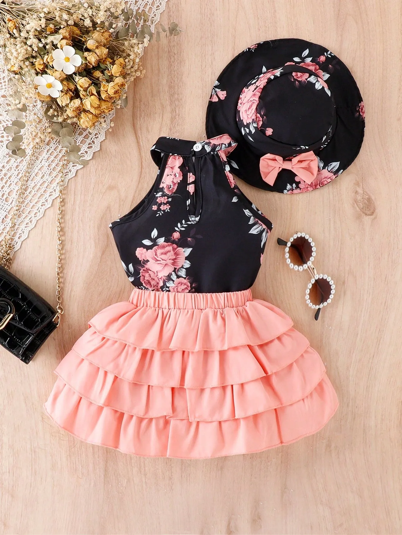 Baby Girl Floral Print Halter Top & Layer Hem Skirt & Hat FD
