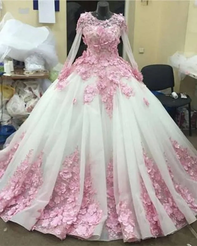 Ball Gown New Style Long Sleeve Tulle Prom with Pink Flowers Ivory Wedding Dress