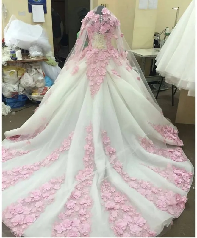 Ball Gown New Style Long Sleeve Tulle Prom with Pink Flowers Ivory Wedding Dress