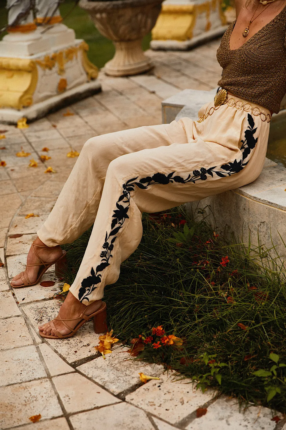 Behave Yourself Silk Crepe Embroidered Pants