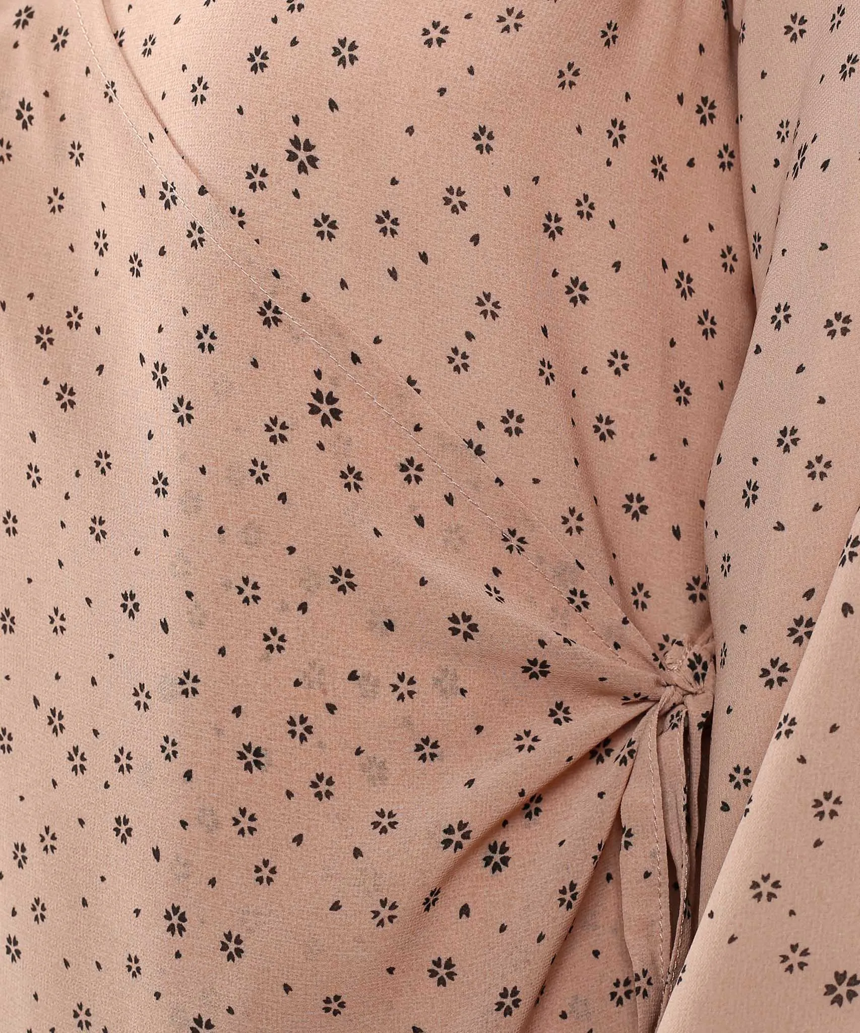 Beige Floral Print Wrap Long Sleeve Maxi Dress