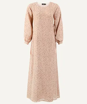 Beige Floral Print Wrap Long Sleeve Maxi Dress