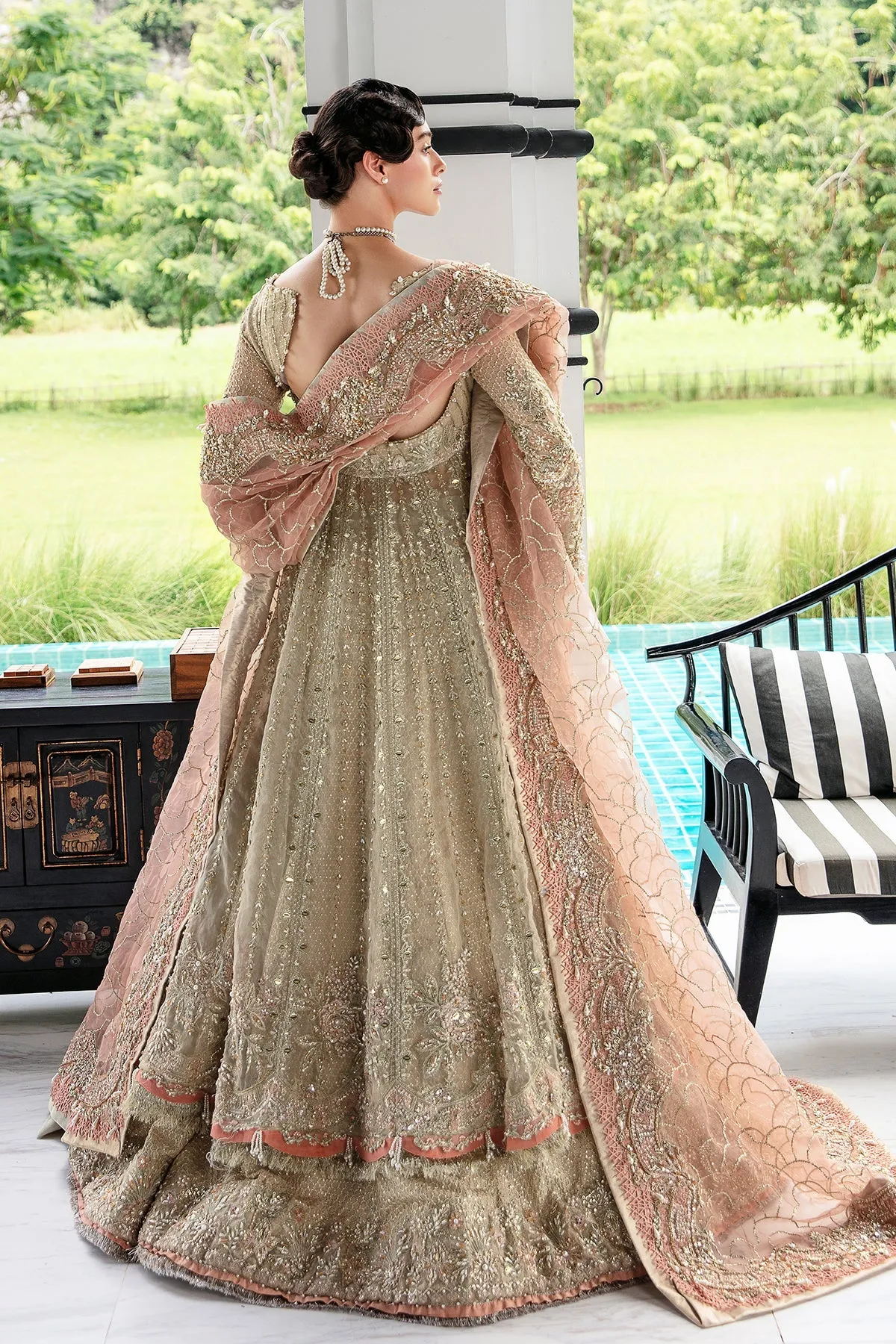 Beige Peach Luxury Pakistani Wedding Dress in Pishwas Lehenga Style