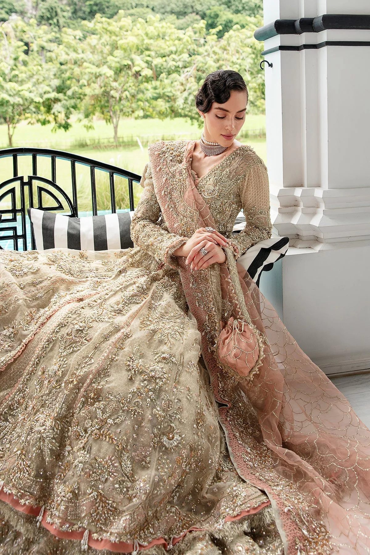 Beige Peach Luxury Pakistani Wedding Dress in Pishwas Lehenga Style