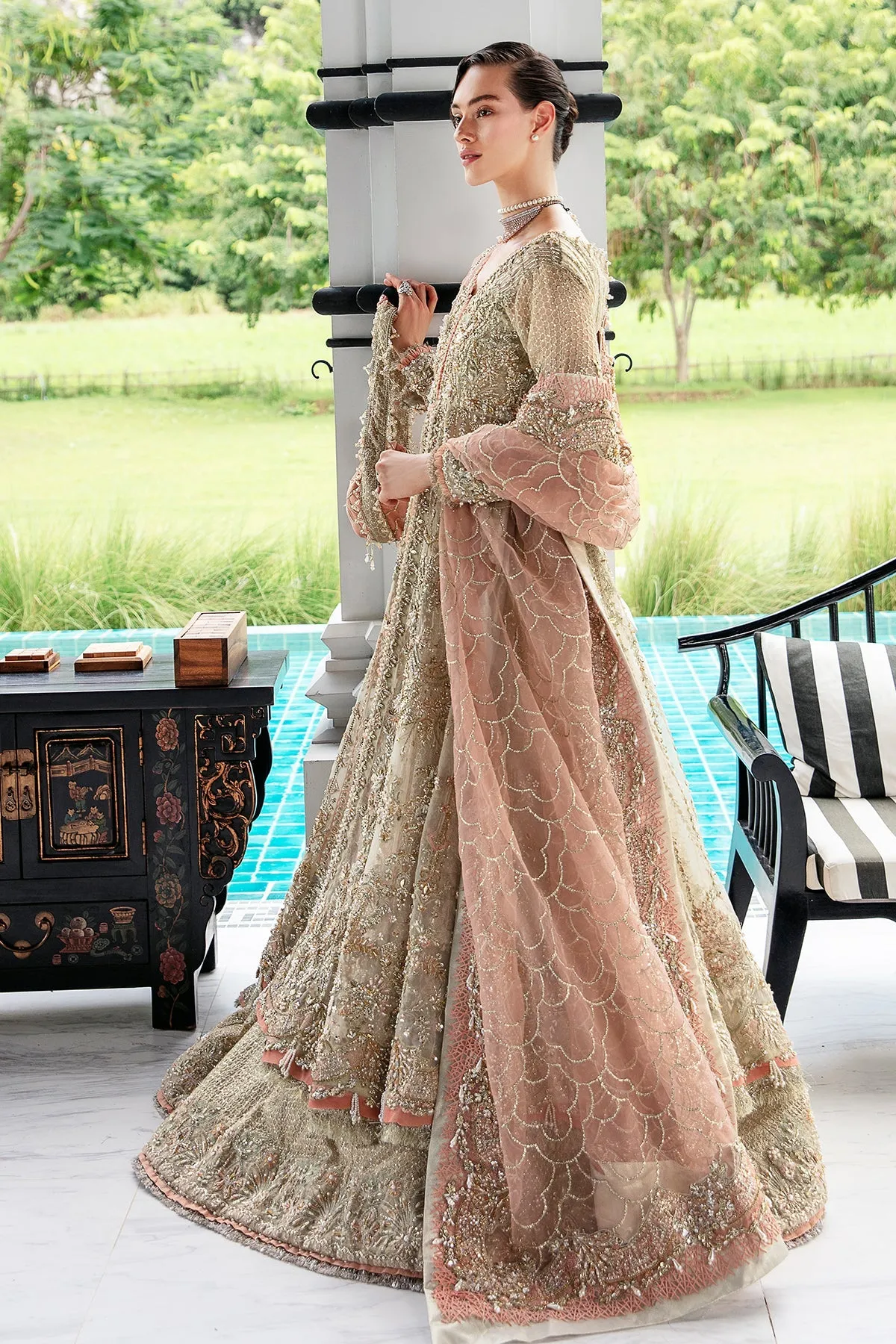 Beige Peach Luxury Pakistani Wedding Dress in Pishwas Lehenga Style