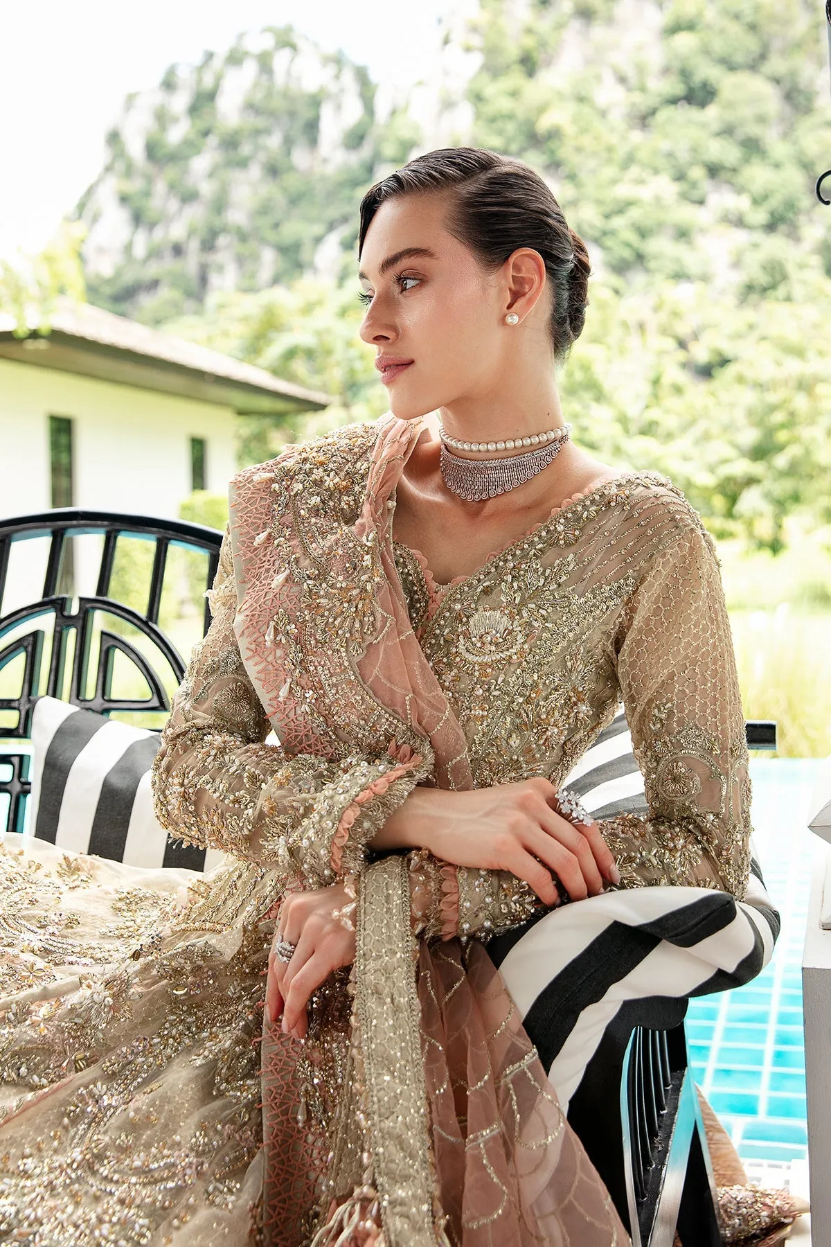 Beige Peach Luxury Pakistani Wedding Dress in Pishwas Lehenga Style