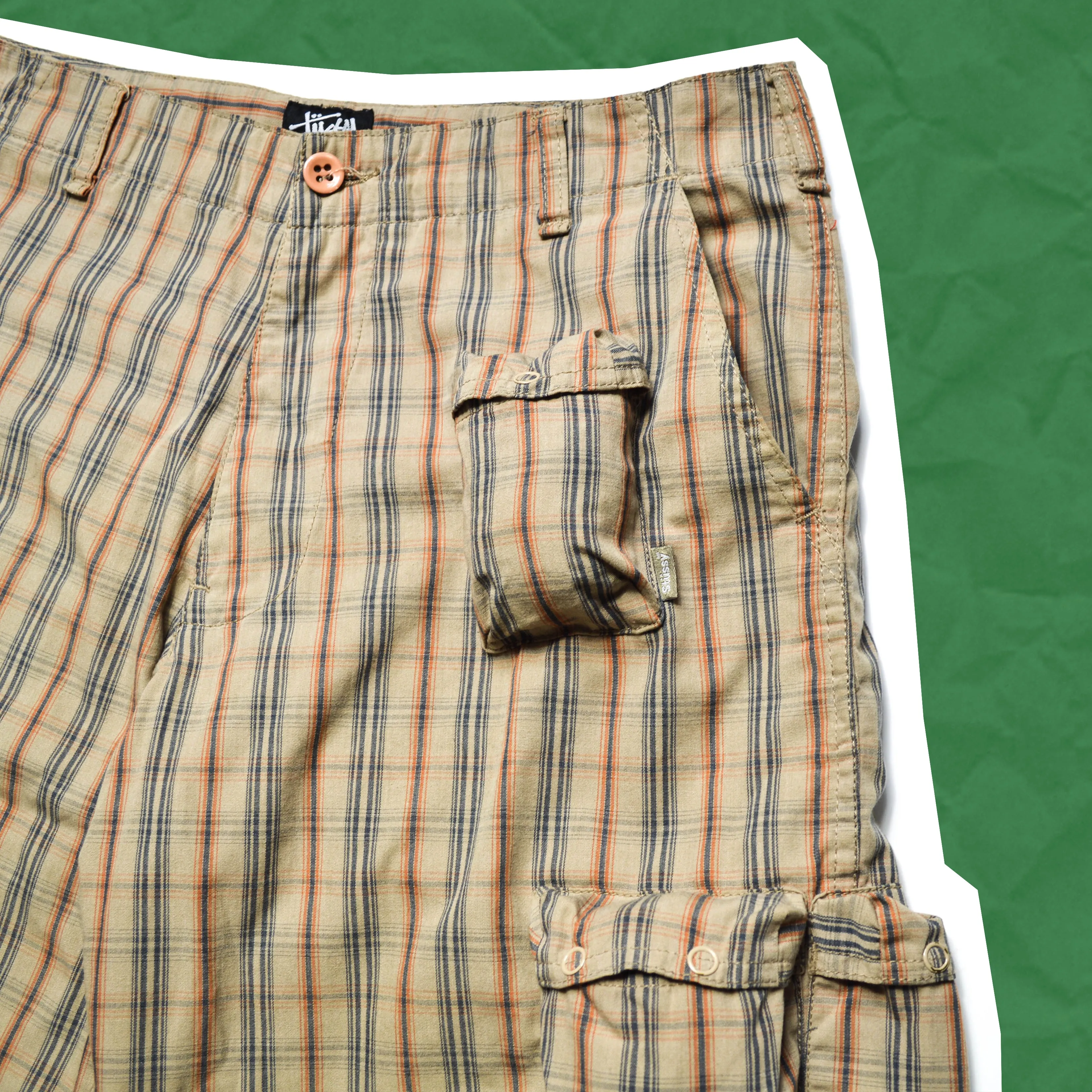 Beige Plaid Multi Pocket  Cargo Shorts (31)