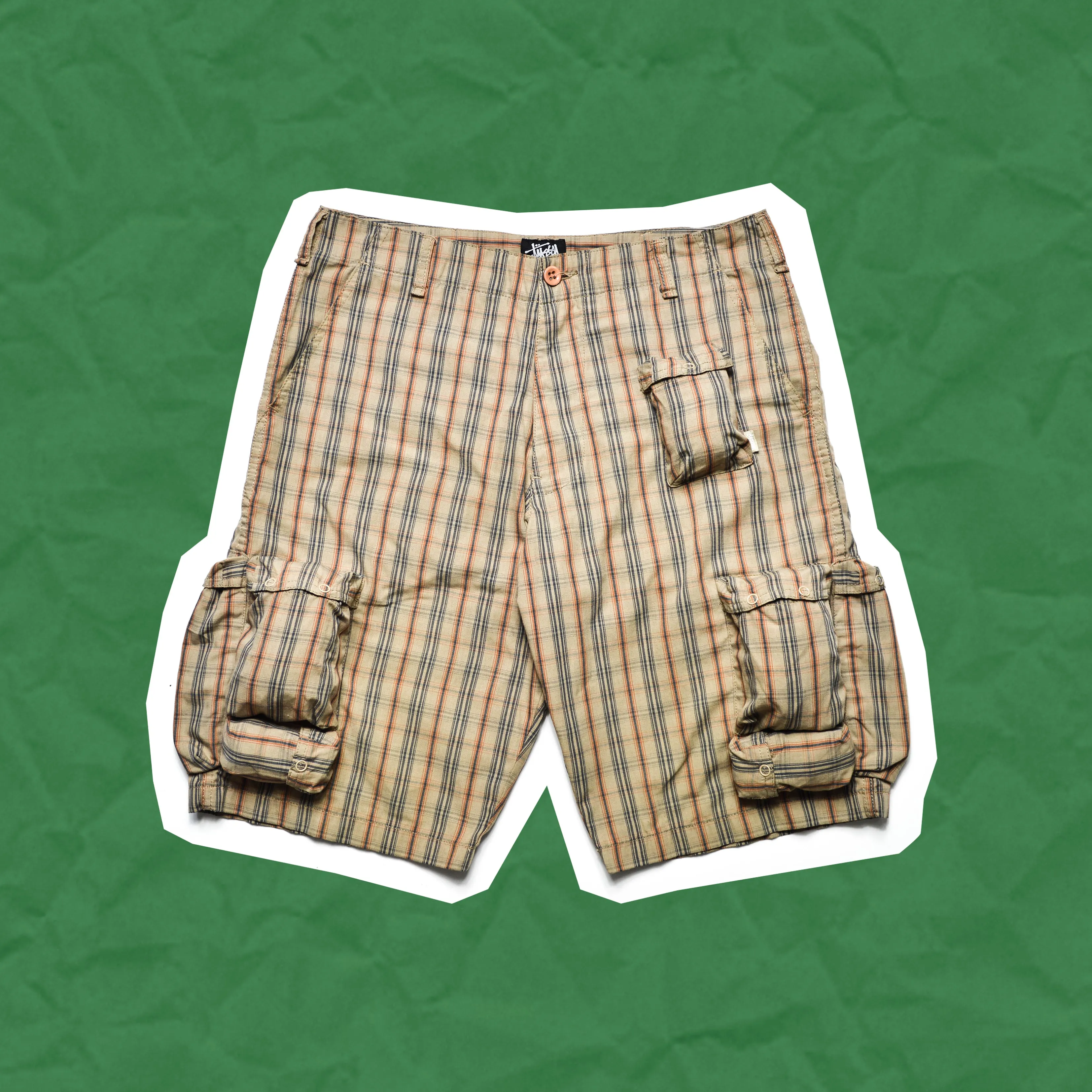 Beige Plaid Multi Pocket  Cargo Shorts (31)