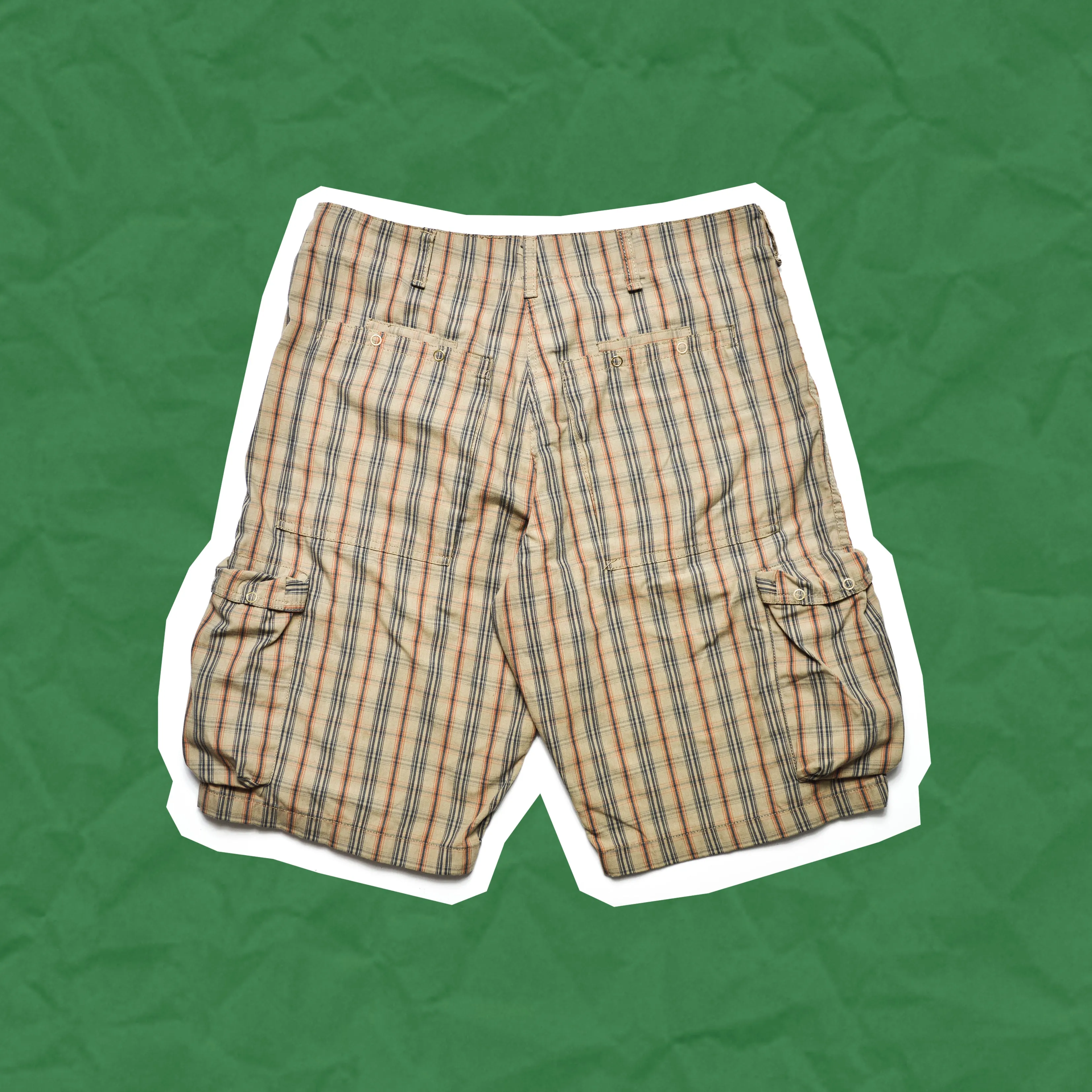 Beige Plaid Multi Pocket  Cargo Shorts (31)