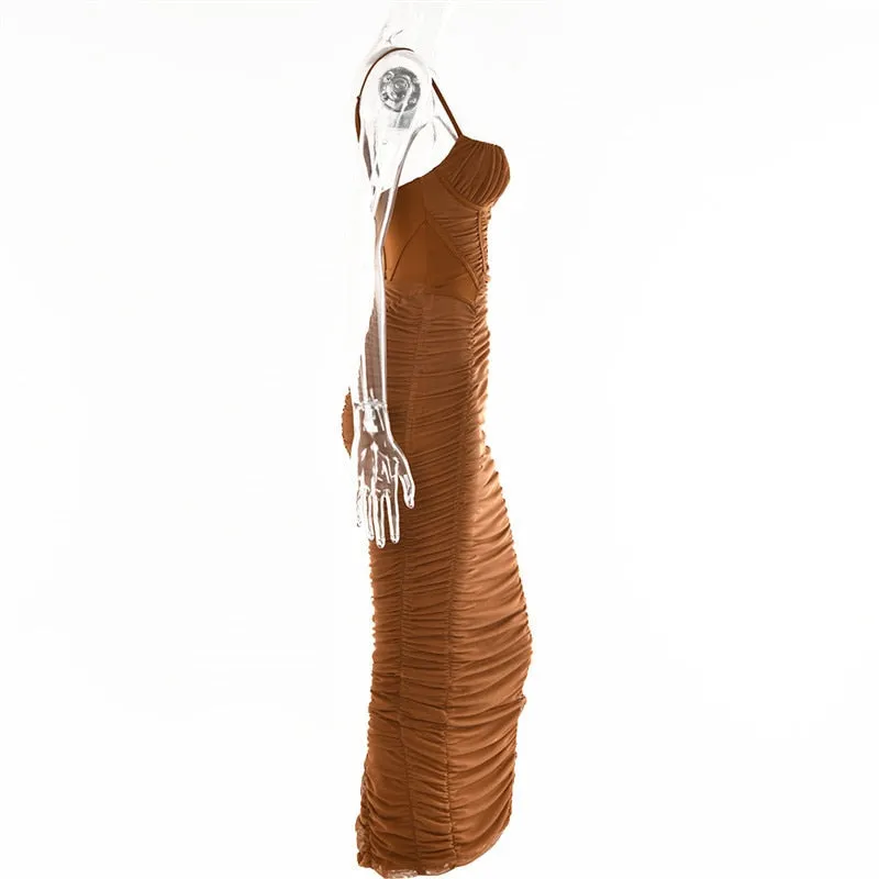 BerryBetty - Summer Woman Dress Ruched Maxi Dress Bodycon Mesh Sexy Dress Stretchy Spaghetti Strap Dresses Elegant Long Evening Party Dresses