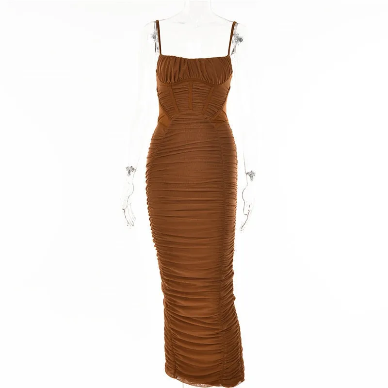 BerryBetty - Summer Woman Dress Ruched Maxi Dress Bodycon Mesh Sexy Dress Stretchy Spaghetti Strap Dresses Elegant Long Evening Party Dresses