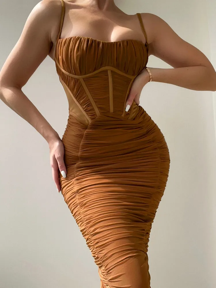 BerryBetty - Summer Woman Dress Ruched Maxi Dress Bodycon Mesh Sexy Dress Stretchy Spaghetti Strap Dresses Elegant Long Evening Party Dresses
