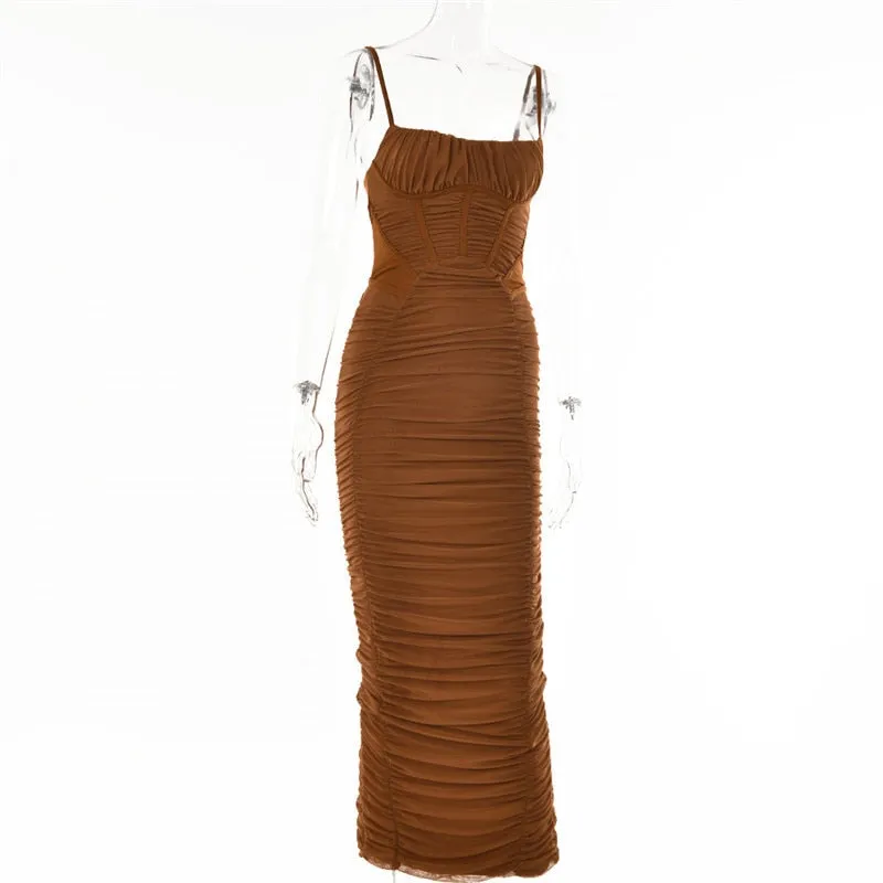 BerryBetty - Summer Woman Dress Ruched Maxi Dress Bodycon Mesh Sexy Dress Stretchy Spaghetti Strap Dresses Elegant Long Evening Party Dresses