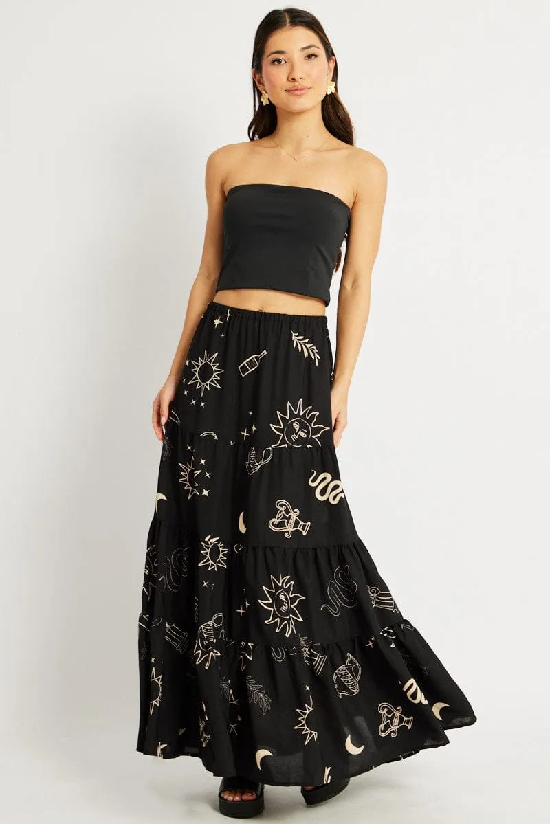 Black Abstract Maxi Skirt Tiered High Rise Elastic Waistband
