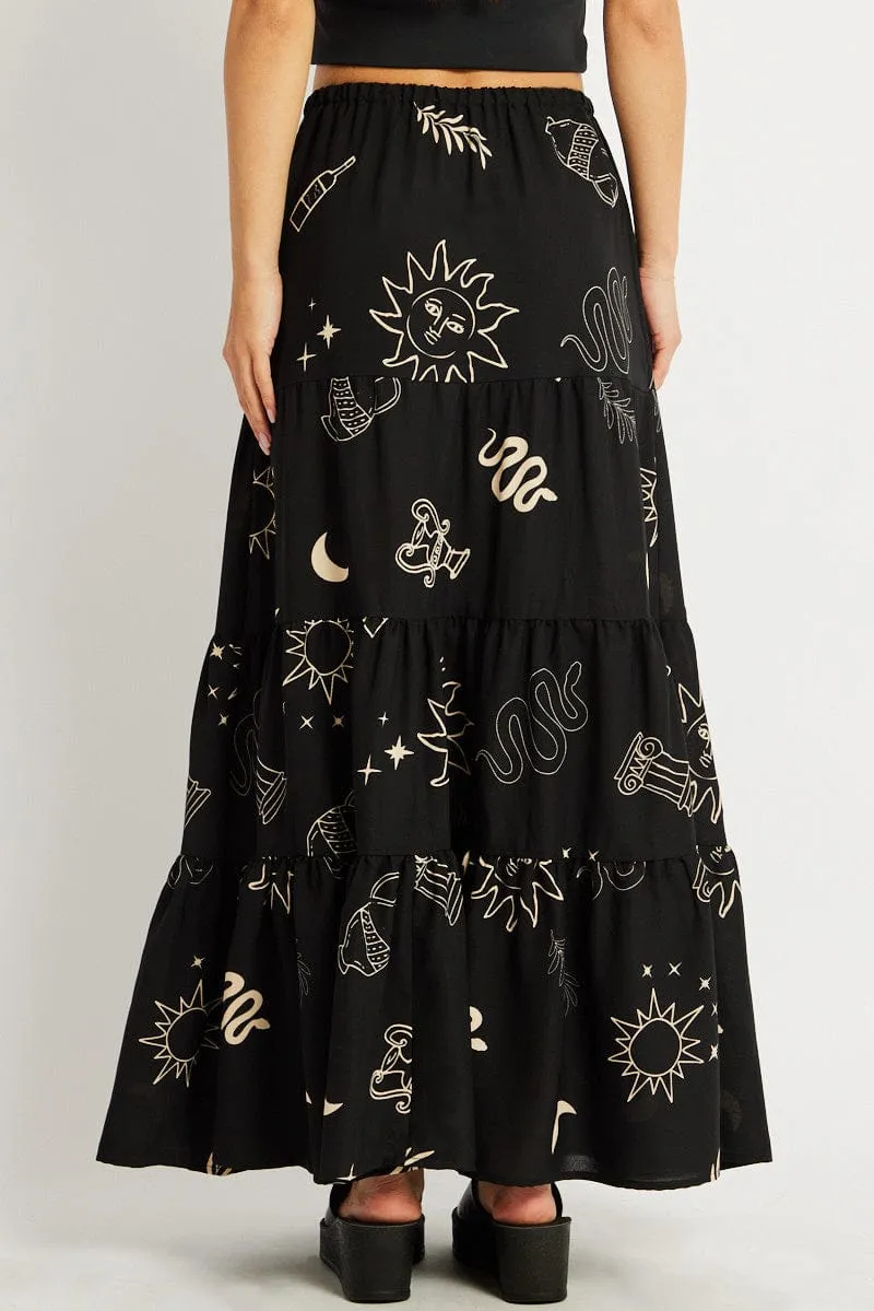 Black Abstract Maxi Skirt Tiered High Rise Elastic Waistband